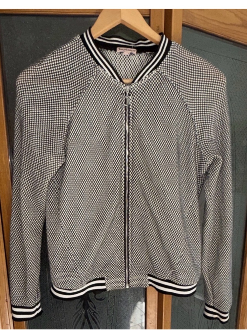 Juicy Couture Black and White Mesh Sweater Bomber Jacket with Pink Label small